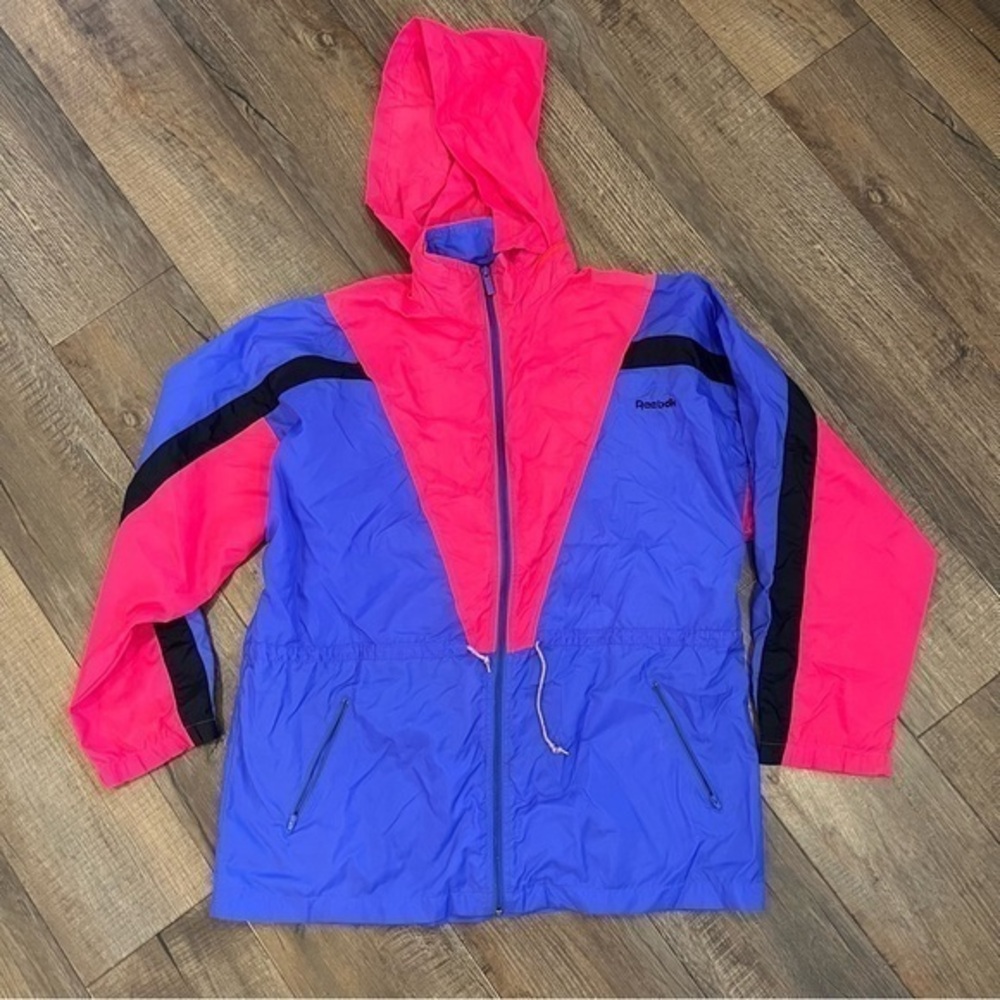 Reebok Vintage 80s 90s Blue/Pink Wind Breaker Jacket Full Zip Hidden Hood Large